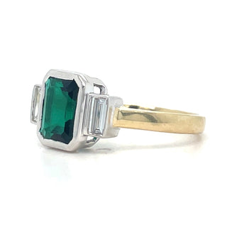9ct Yellow Gold Laboratory Grown 1.77ct Emerald Cut Emerald And 0.21ct Side Baguette Diamond Ring