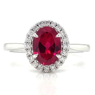 14ct White Gold Laboratory Grown 1.40ct Ruby And 0.15ct Diamond Halo Ring