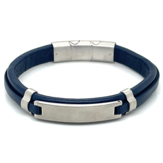 Gents Navy And Stainless Steel Leather ID Bracelet