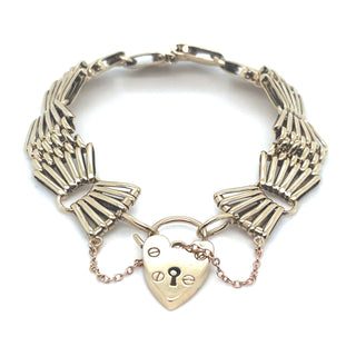 Vintage 9ct Yellow Gold Fan Link Heart Lock Gate Bracelet