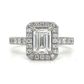 Vada - Platinum Laboratory Grown 1.65ct Emerald Cut Diamond Halo Ring with Castle Set Shoulders