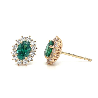 9ct Yellow Gold Lady Di Emerald And Cz Cluster Stud Earrings
