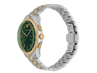 Emporio Armani Chronograph Two Tone Stainless Steel Green Dial Watch