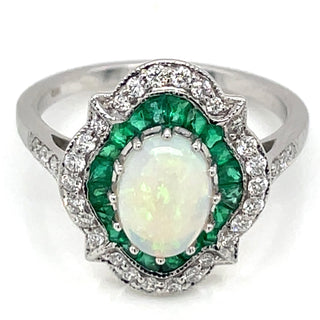 18ct White Gold Earth Grown Opal, Emerald And Diamond Ring