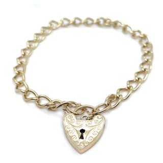 Vintage 9ct Yellow Gold Solid Link Gate Bracelet With Heart Lock And Detailed Safety Chain