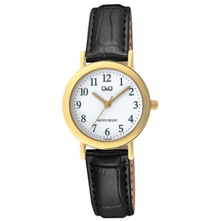 Q & Q Gents Black Leather Strap With Gold Case And White Face Watch