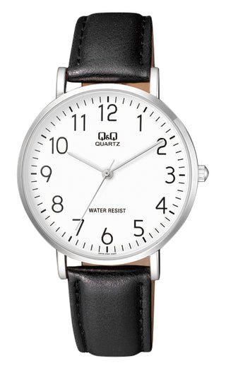 Q & Q Gents Stainless Steel Black Leather Strap Watch