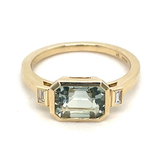 9ct Yellow Gold Earth Grown Horizontal Emerald Cut Green Amethyst And Diamond Ring