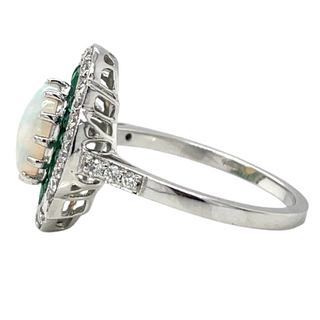 18ct White Gold Earth Grown Opal, Emerald And Diamond Ring