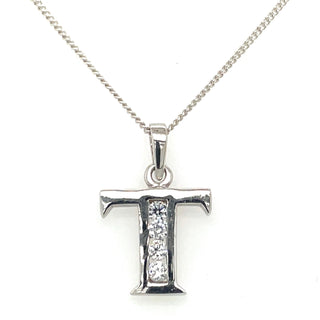 Sterling Silver Large Cz T Initial Necklace