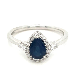 9ct White Gold Pear Cut Sapphire and Diamond Halo Ring