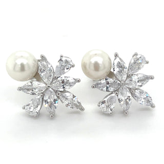 Sterling Silver Floral Cz & Pearl Earrings