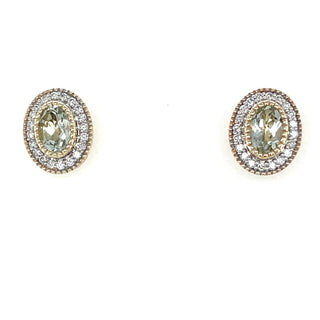 9ct Yellow Gold 1.075ct Earth Grown Green Amethyst Stud Earrings with Diamond Halo