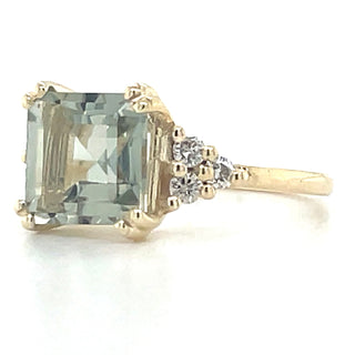 9ct Yellow Gold Princess Cut Green Amethyst & Diamond Ring