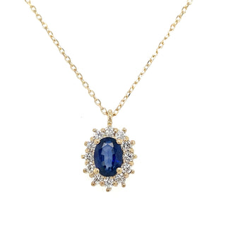 9ct Yellow Gold Earth Grown Oval Sapphire & Diamond Cluster Pendant