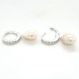 Sterling Silver Tapered Cz Hoops With Pearl Drop