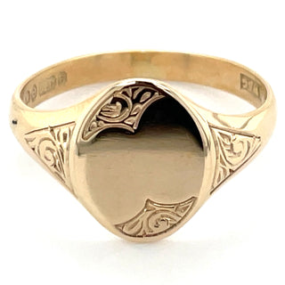 Vintage 9ct Yellow Gold Detailed Oval Signet Ring