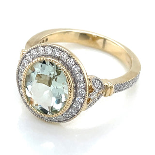 9ct Yellow Gold 2.52ct Earth Grown Oval Green Amethyst Ring with Diamond Halo