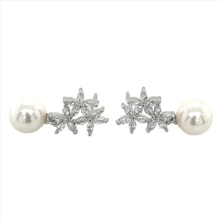 Sterling Silver Triple Floral Cz & Pearl Drop Earrings