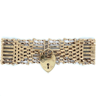 Vintage 9ct Yellow Gold Heart Lock Wide Gate Bracelet