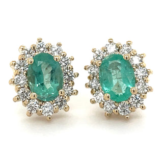 9ct Yellow Gold Oval Emerald & Diamond Cluster Earrings