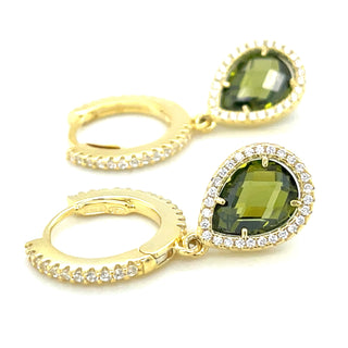 Golden Stone Set Hoop With Green Pear Drop Cz Halo Earrings