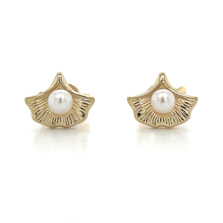 9ct Yellow Gold Pearl & Leaf Earrings