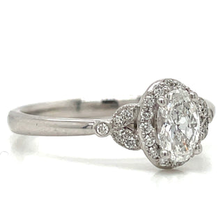 Avril - Platinum Natural 0.52ct Oval Halo Diamond Engagement Ring With Vintage Side Detail