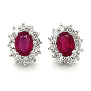 9ct White Gold Earth Grown Oval Ruby & Diamond Cluster Earrings