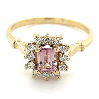 9ct Yellow Gold Emerald Cut Pink Tourmaline & Diamond Cluster Ring