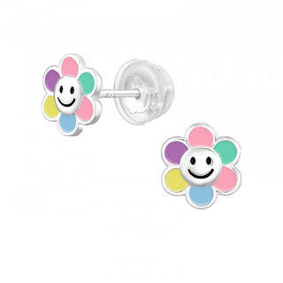 Children's Sterling Silver Multi Coloured Flower Ear Studs with Smiley Face