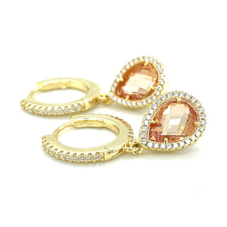 Golden Stone Set Hoop With Pink Pear Drop Cz Halo Earrings