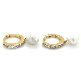 Golden Tapered Cz Hoops With Pearl Drop