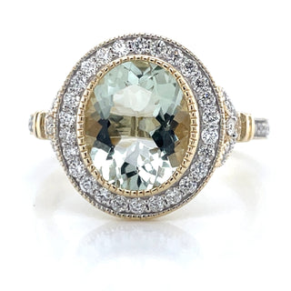 9ct Yellow Gold 2.52ct Earth Grown Oval Green Amethyst Ring with Diamond Halo