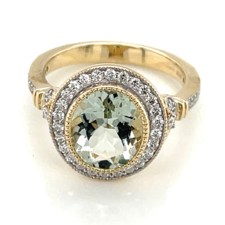 9ct Yellow Gold 2.52ct Earth Grown Oval Green Amethyst Ring with Diamond Halo