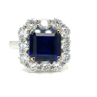 18ct White Gold Lab Grown 3.23ct Sapphire with 1.66ct Diamond Halo Ring
