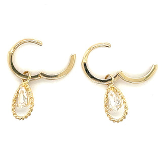 9ct Yellow Gold Twisted & Cz Pear Drop Hoops