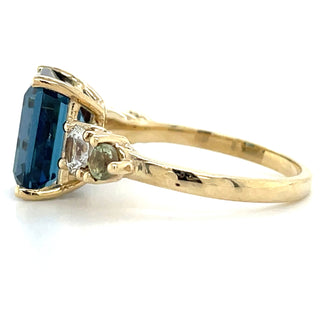 9ct Yellow Gold Earth Grown London Blue Topaz, Green Tourmaline, Tanzanite & White Sapphire Ring
