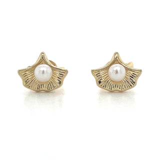 9ct Yellow Gold Pearl & Leaf Stud Earrings