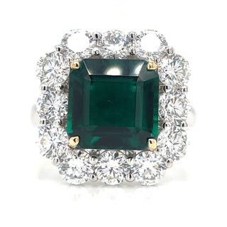 18ct White Gold Lab Grown 3.64ct Emerald with 2.31ct Diamond Halo Ring