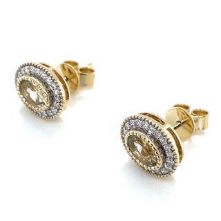 9ct Yellow Gold 1.075ct Earth Grown Green Amethyst Stud Earrings with Diamond Halo