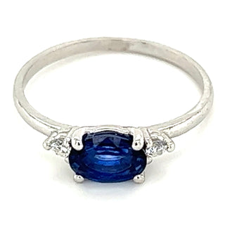 9ct White Gold Earth Grown Horizontal Oval Sapphire & Side Diamond Ring