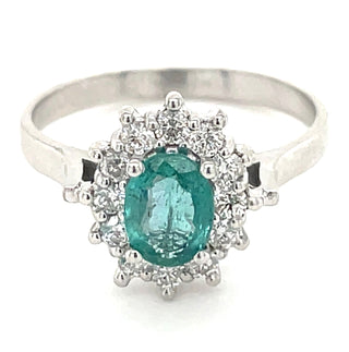 9ct White Gold Oval Emerald & Diamond Cluster Ring