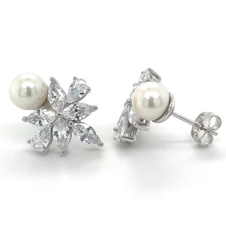 Sterling Silver Floral Cz & Pearl Earrings