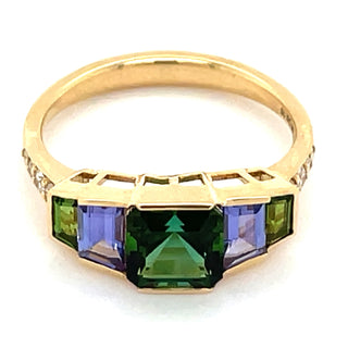 18ct Yellow Gold Green Tourmaline, Tanzanite & Diamond Ring
