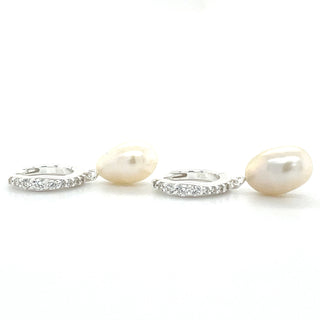 Sterling Silver Tapered Cz Hoops With Pearl Drop