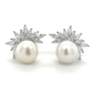 Sterling Silver Pearl & Cz Fan Earrings