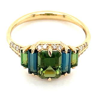 18ct Yellow Gold Earth Grown Green Tourmaline, Blue Tourmaline & Diamond Ring