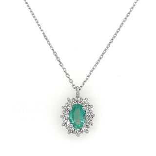9ct White Gold Earth Grown Oval Emerald & Diamond Cluster Pendant