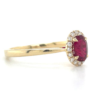 14ct Yellow Gold Laboratory Grown Oval Ruby & Diamond Halo Ring